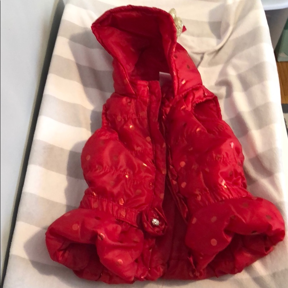 EUC red puffer vest with bear ears and gold bow